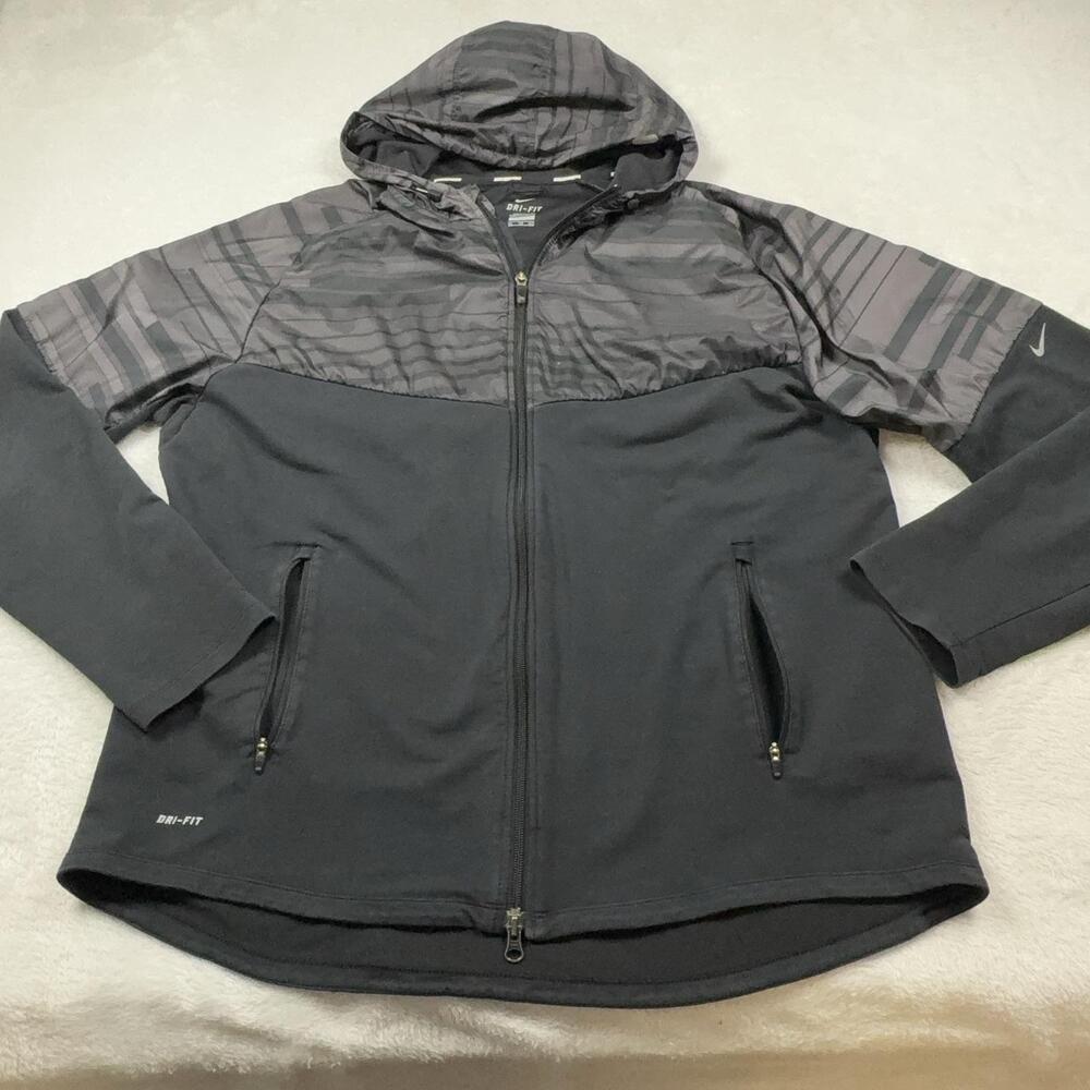 Nike Running Jacket Women 2XL Black Hooded Windbreaker Full Zip Lined Pockets